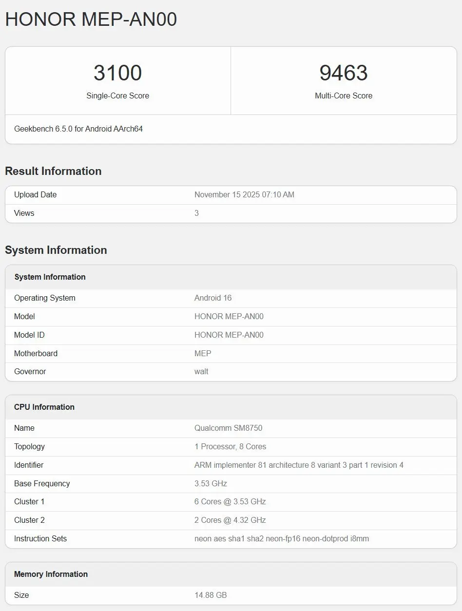 Spesifikasi Honor 500 Pro Di Geekbench